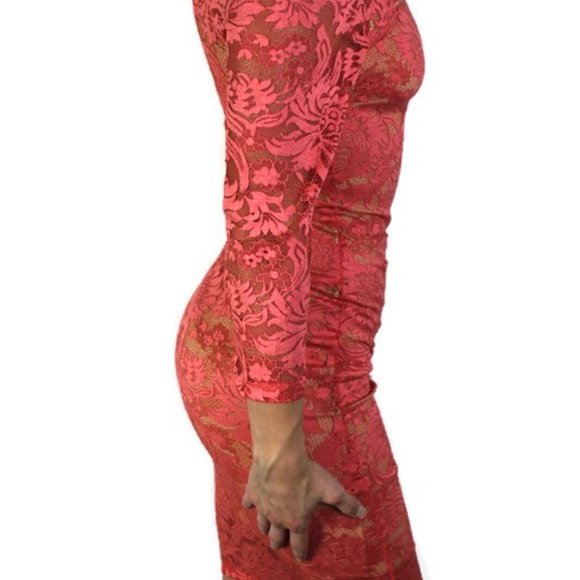Coral Lace Overlay Dress 3/4 Sleeve Size Small - Picture 9 of 9